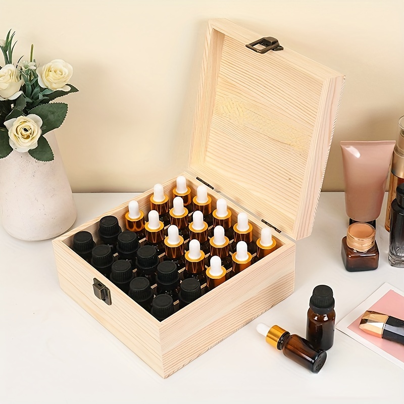 

25-slot Wooden Essential Oil Organizer Box With Detachable Shelf - Paint-finished, Lightweight Storage Solution For Oils & Accessories