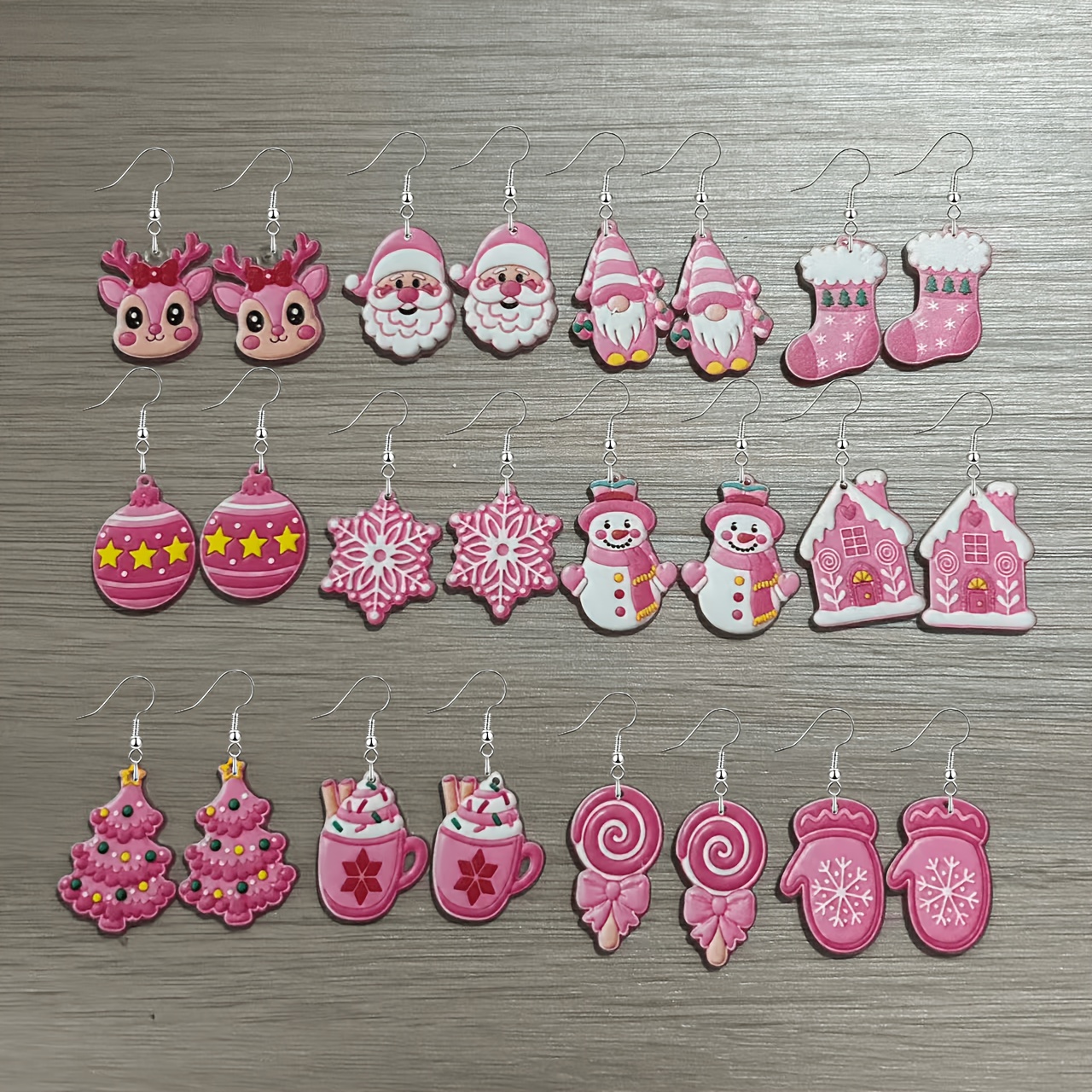 TEMU 24pcs/12 Pairs Christmas Reindeer And Snowman Acrylic Drop Earrings Set For Women, Pink Series, Fresh And Style, Fashionable Dangle Earrings,