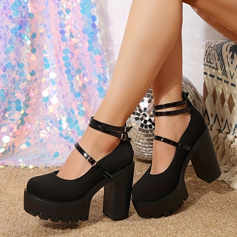 Calzado Tacones Con Punta Gruesa Tacones Altos Negros Mujer