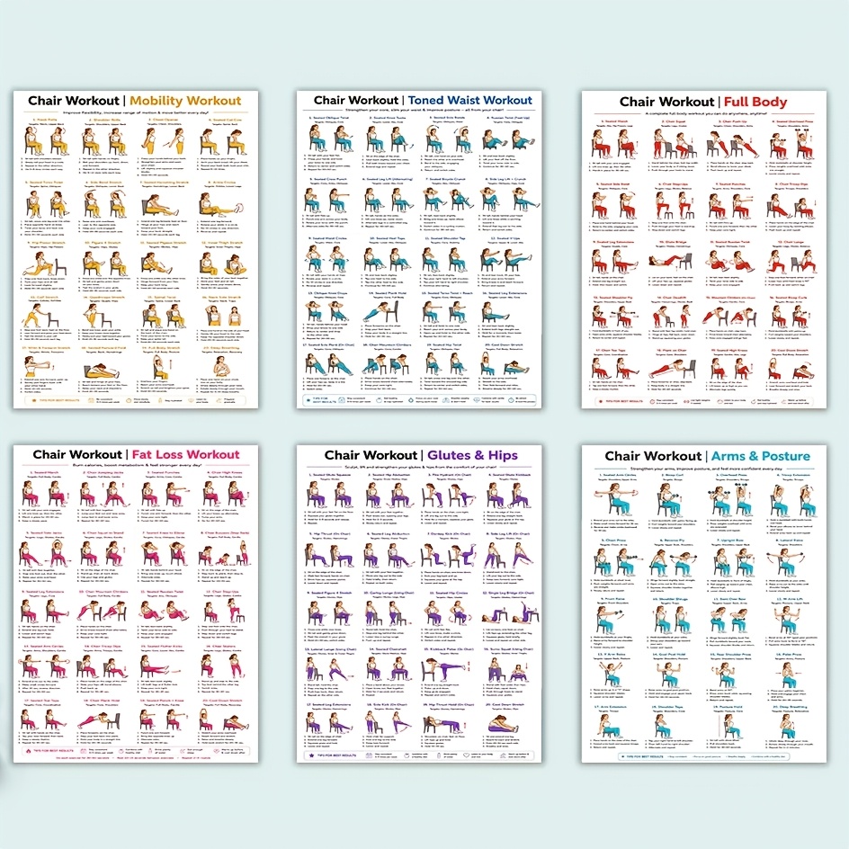 TEMU 6 Pack Chair Workout Plan Posters, Seated Full Chart For Weight Loss, Mobility, Core And Strength Training Guides, Home Gym Fitness Decor