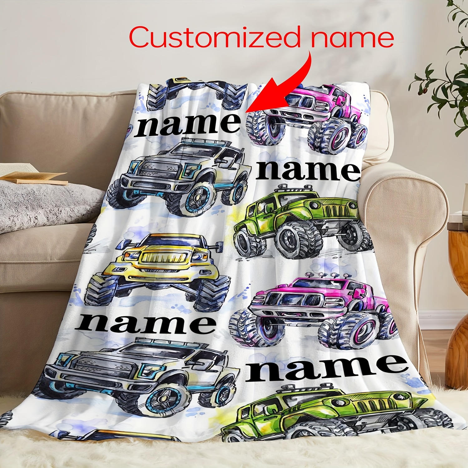 

Custom Name Off-road Truck Print Flannel Fleece Blanket - Personalized Throw For Boys, Girls, Family, Friends - Multipurpose Gift For Sofa, Office, Camping Travel - Machine Washable Polyester Knit