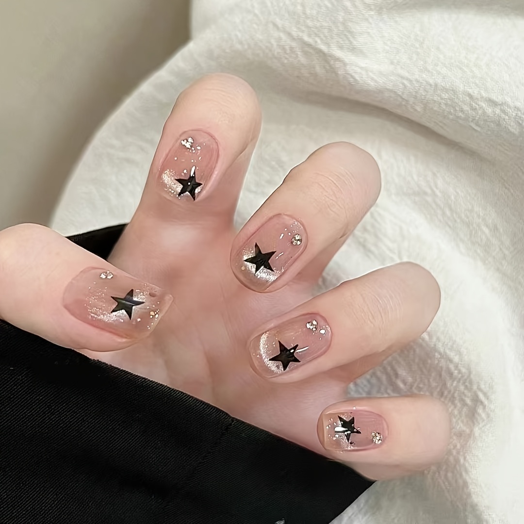 TEMU European And American Minimalist Natural Y2k Style 24pcs Of Short Star Dream Small Embellished Nail Temperament Fashion Versatile Simple Hot