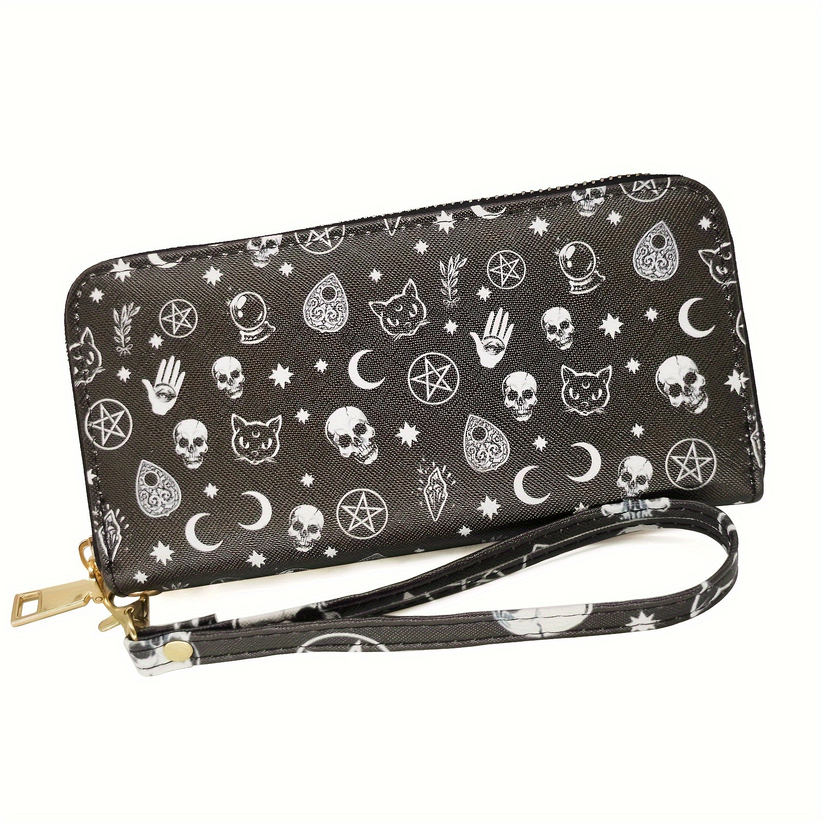 Image of Gothic Skull Skeleton Faux Leather Wallet Phone Credit Card Money Holder Large Capacity Durable Zipper Purse Wristlet For Women Men Halloween