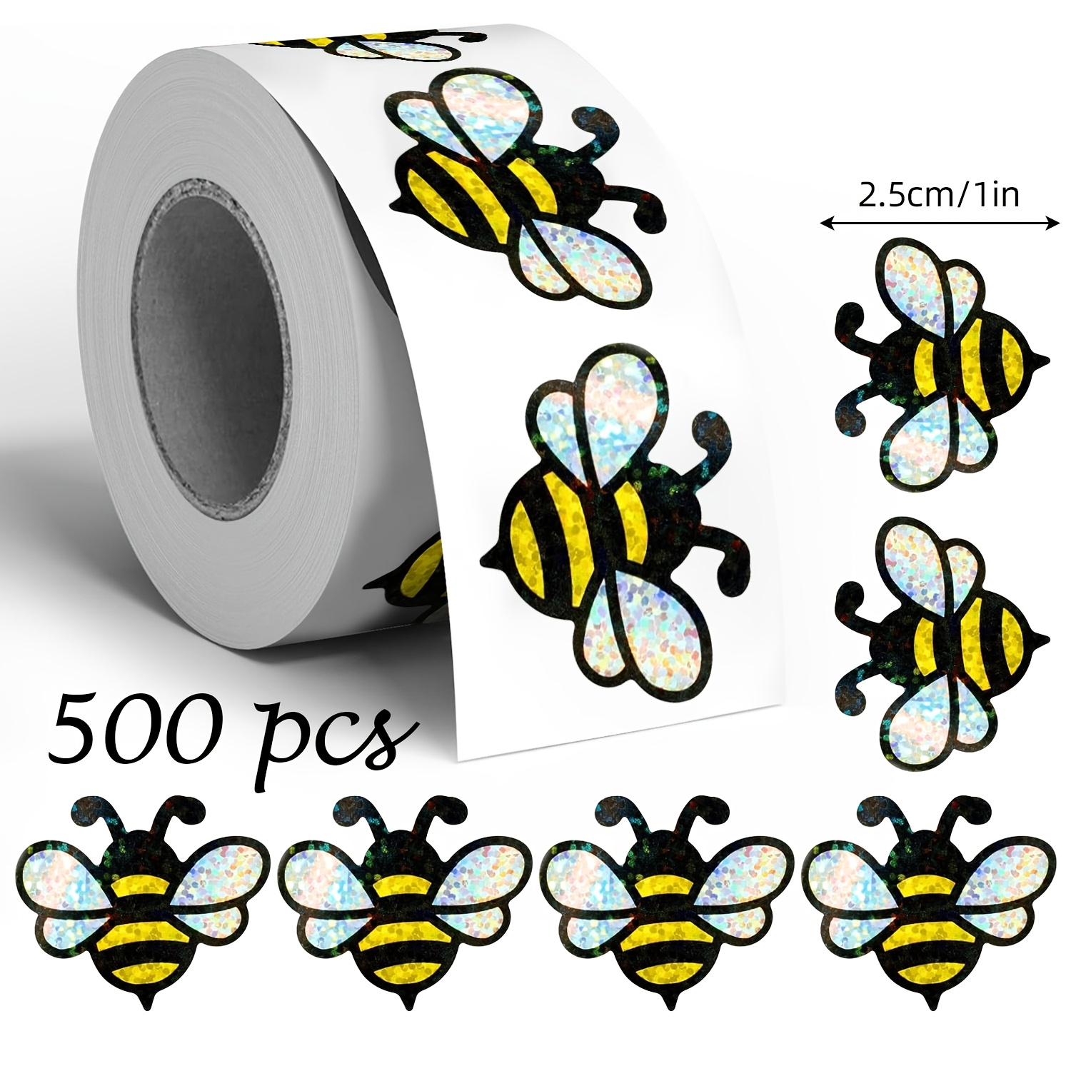 E-shop 500 Blätter/Rolle Laser Bienen-Doodle Aufkleber, Unregelmäßige Glitzernde Cartoon-Tieraufkleber für Umschläge, Zeitschriften, Handyhüllen,