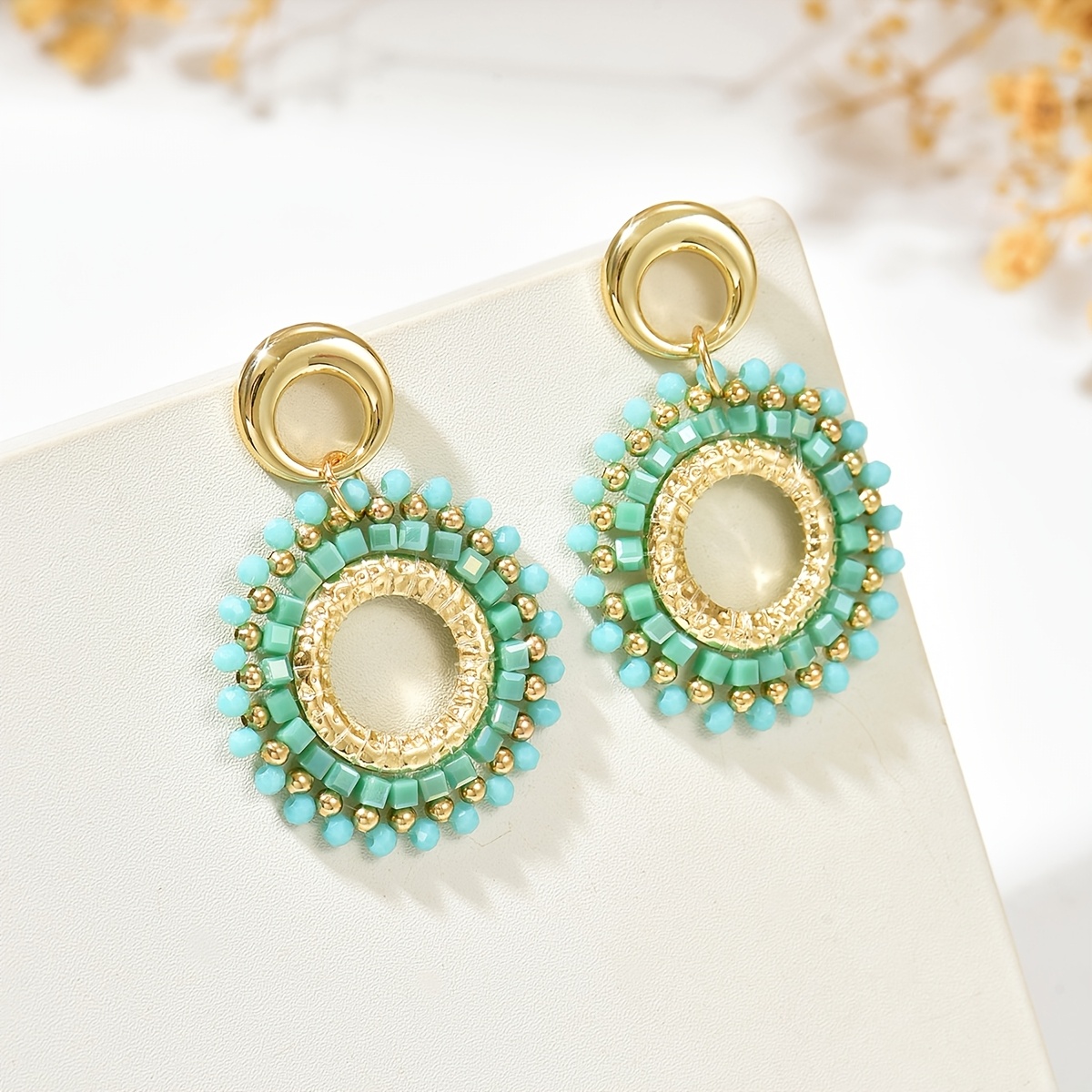 Bohemian Ethnic Hand-woven Beaded Round Pendant Earrings