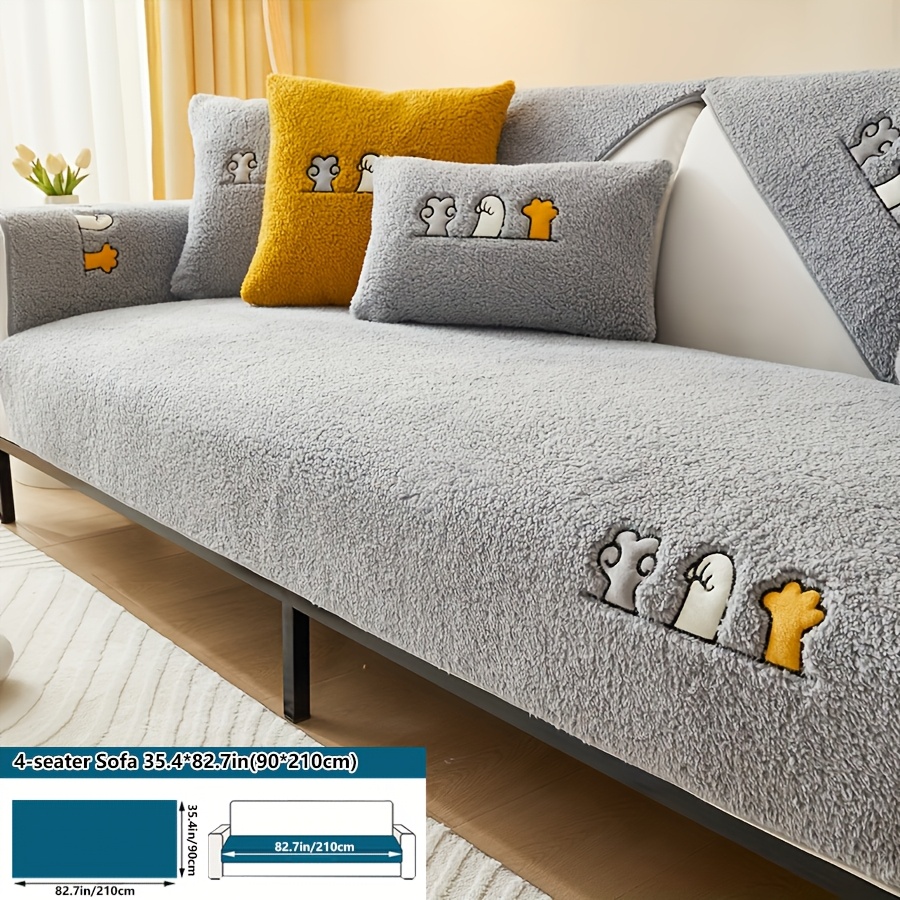 TEMU 1pc Thick Warm Faux Lamb Plush Sofa Cushion, Winter Non-slip, For Living Room & Bedroom, Solid Color, Premium Anti-cat Scratch Sofa Cover/throw