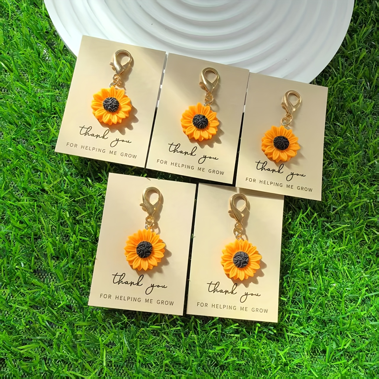 Image of 5 Sunflower Keychains With Lobster Clasps - "thank You For Helping Me Grow" Card - Graduation Season/back-to- - Appreciation Accessories For Teachers