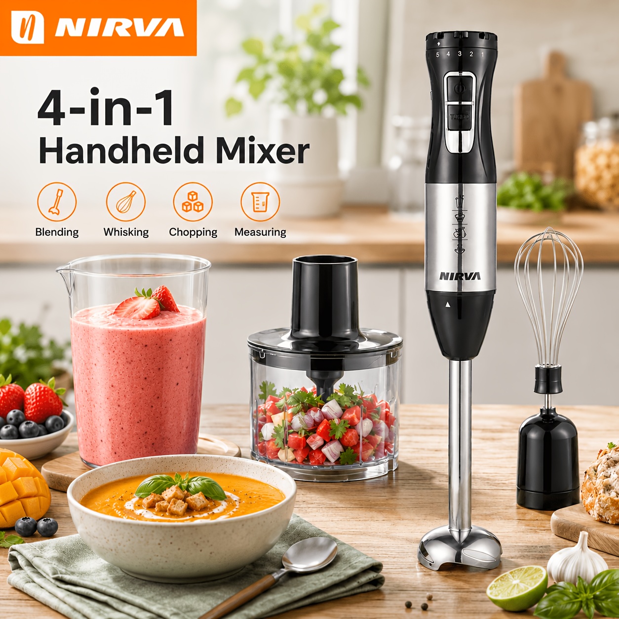 Image of Nirva 4-in-1 Hand Blender 400w, 5-speed Control & Turbo Mode, Low-noise Motor Below 75db, Stainless Steel With , Includes Whisk, Chopper, And Measuring Cup