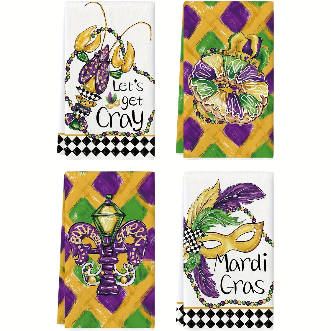 

Mardi Gras Kitchen Towel Set – Rustic Cartoon Bead Lobster Mask Theme – Machine Washable Polyester Dish Cloths – Super Soft Woven Oblong Dish Towels – 4 Piece Seasonal Decor Hand Towel Set