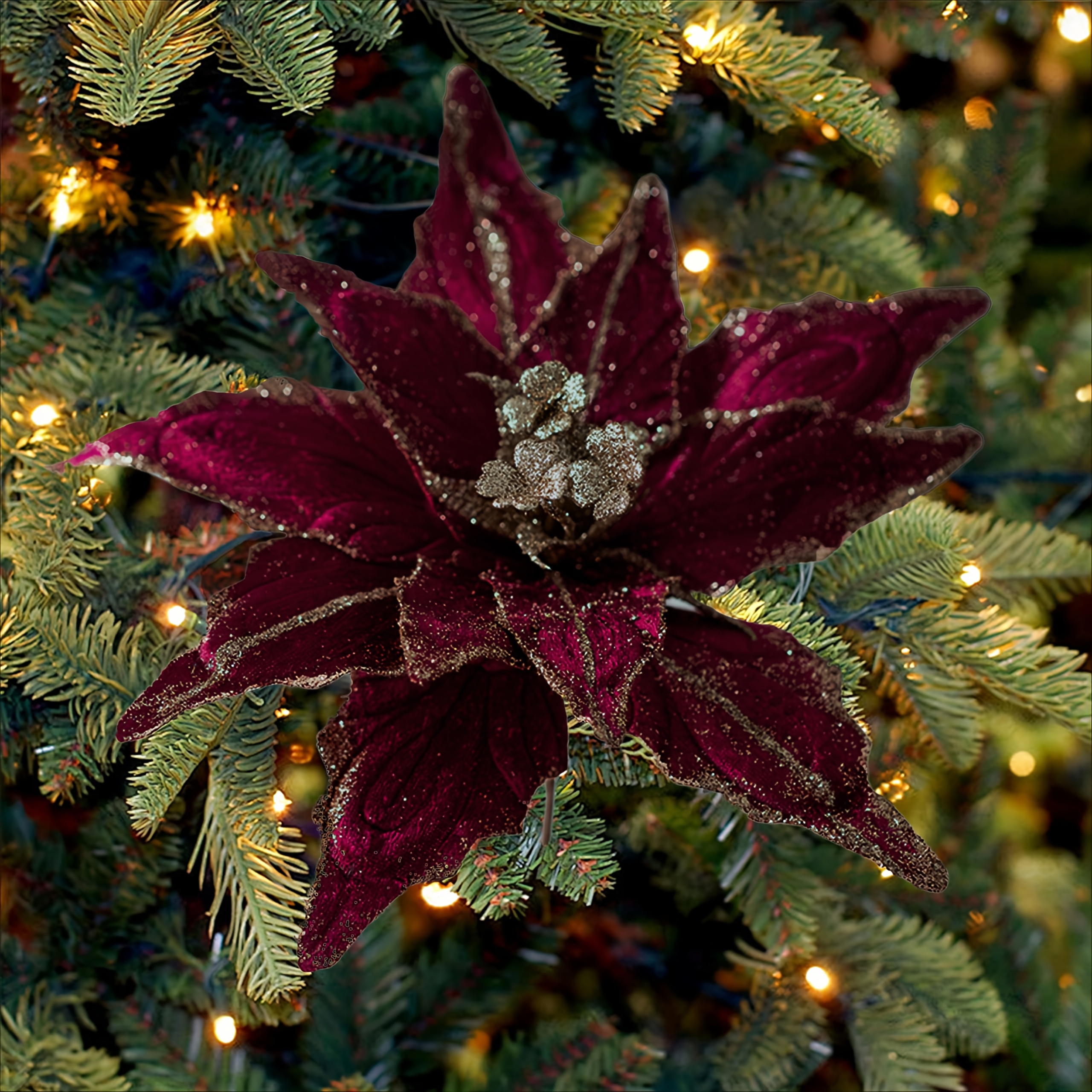 TEMU 6pcs 11-inch Christmas Poinsettia Flowers, Artificial Xmas Tree Ornaments For Decor, Wreath, Gift & New Year