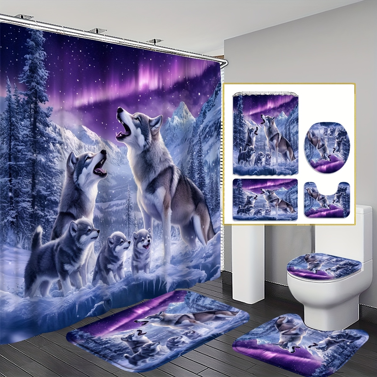 TEMU Ensemble de rideaux de douche 2D plats, 4 pièces, motif de 2D plats, décoration de salle de bain avec ciel et , ajouts avec, de U, couvercle de
