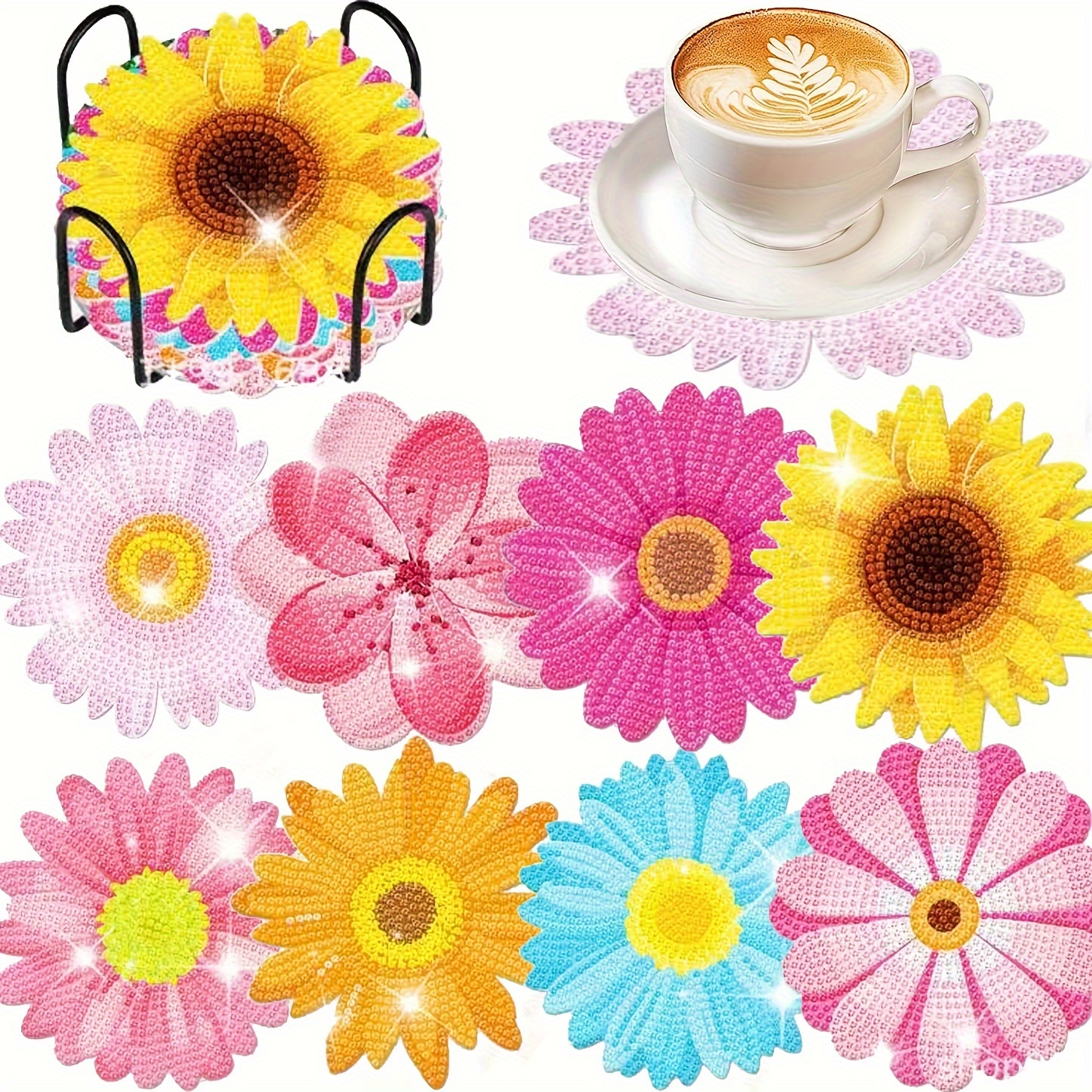 

8pcs Floral Diamond Painting Coaster Set With Stands - Diy Full Drill Craft Kit For Beginners, Round Diamonds On Wood