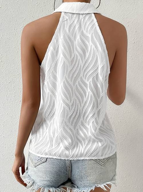 elegant women s sleeveless button up blouse textured solid color white collar lightweight polyester machine washable summer casual wear ladies blouses versatile fashion collared shirt glossy texture