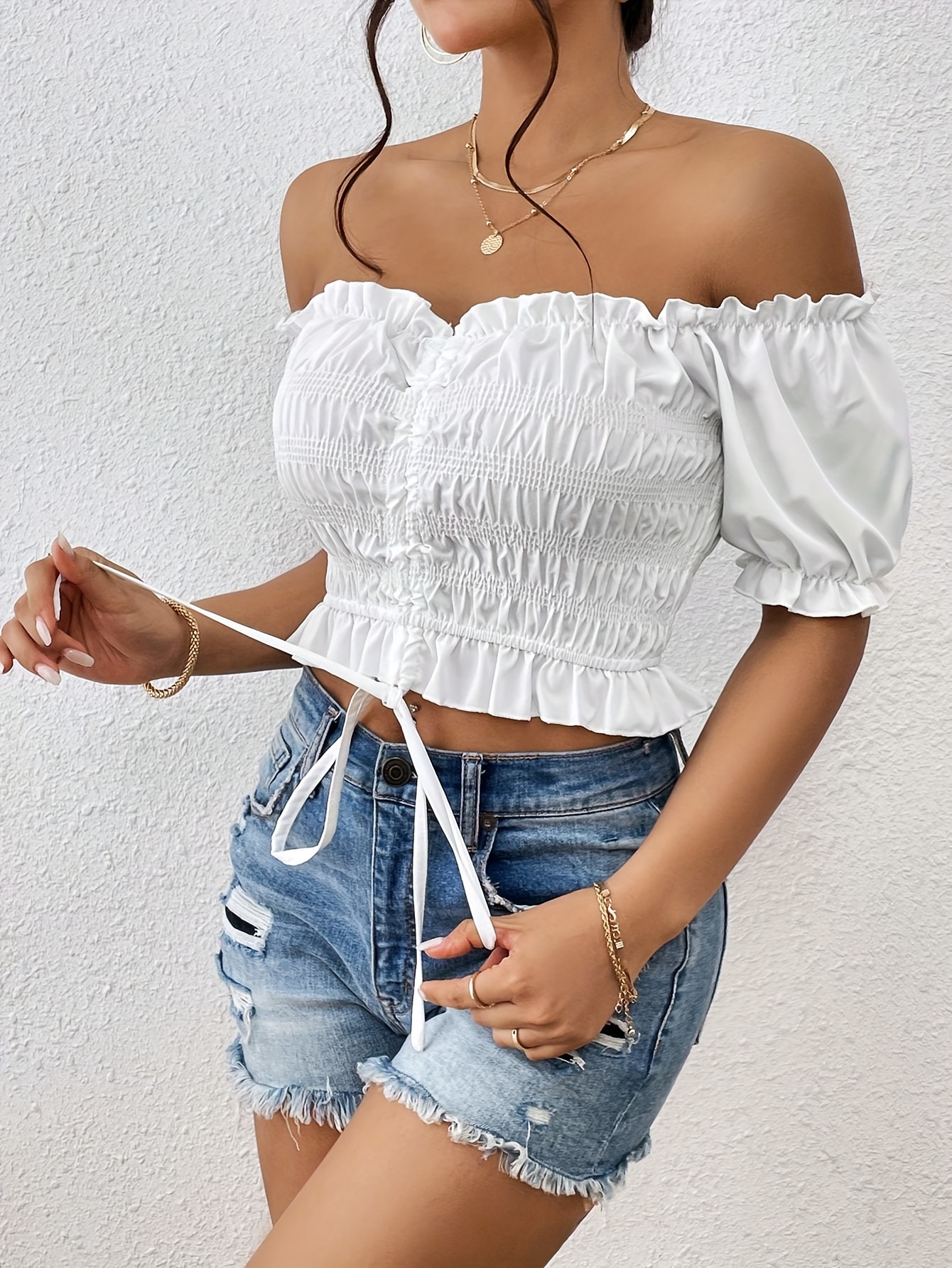 Women'S Off-Shoulder Ruffle Crop Top with Front Drawstring White Solid  Color, Short Sleeve, Casual Summer Blouse for Beach, Vacation, and Parties,  B