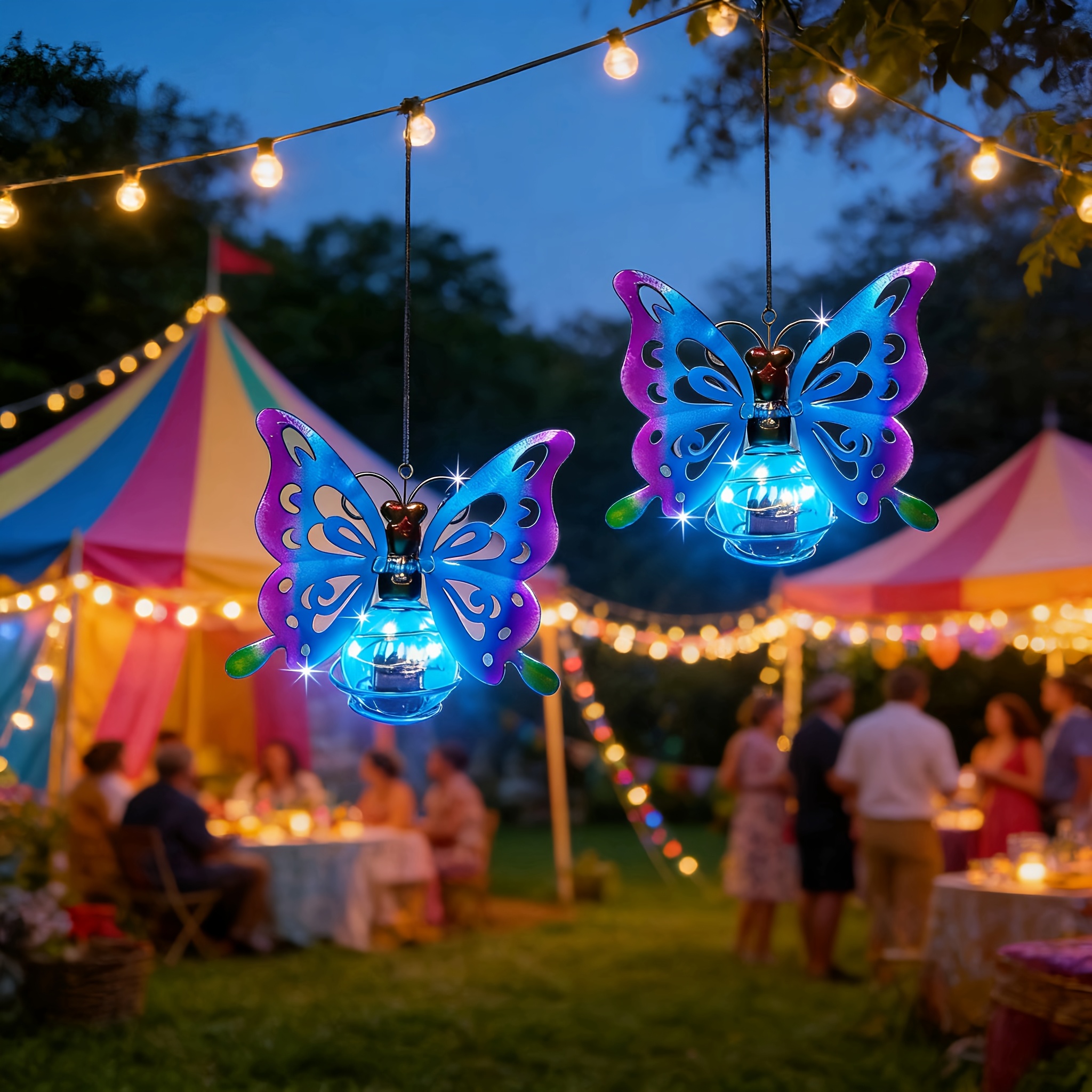 TEMU 2 Sets Of Blue Metal Pendant Lights, Solar Garden Lights, Outdoor Cute Lanterns, Hanging Decorations For Porch, Garden Tree Decorations, And As