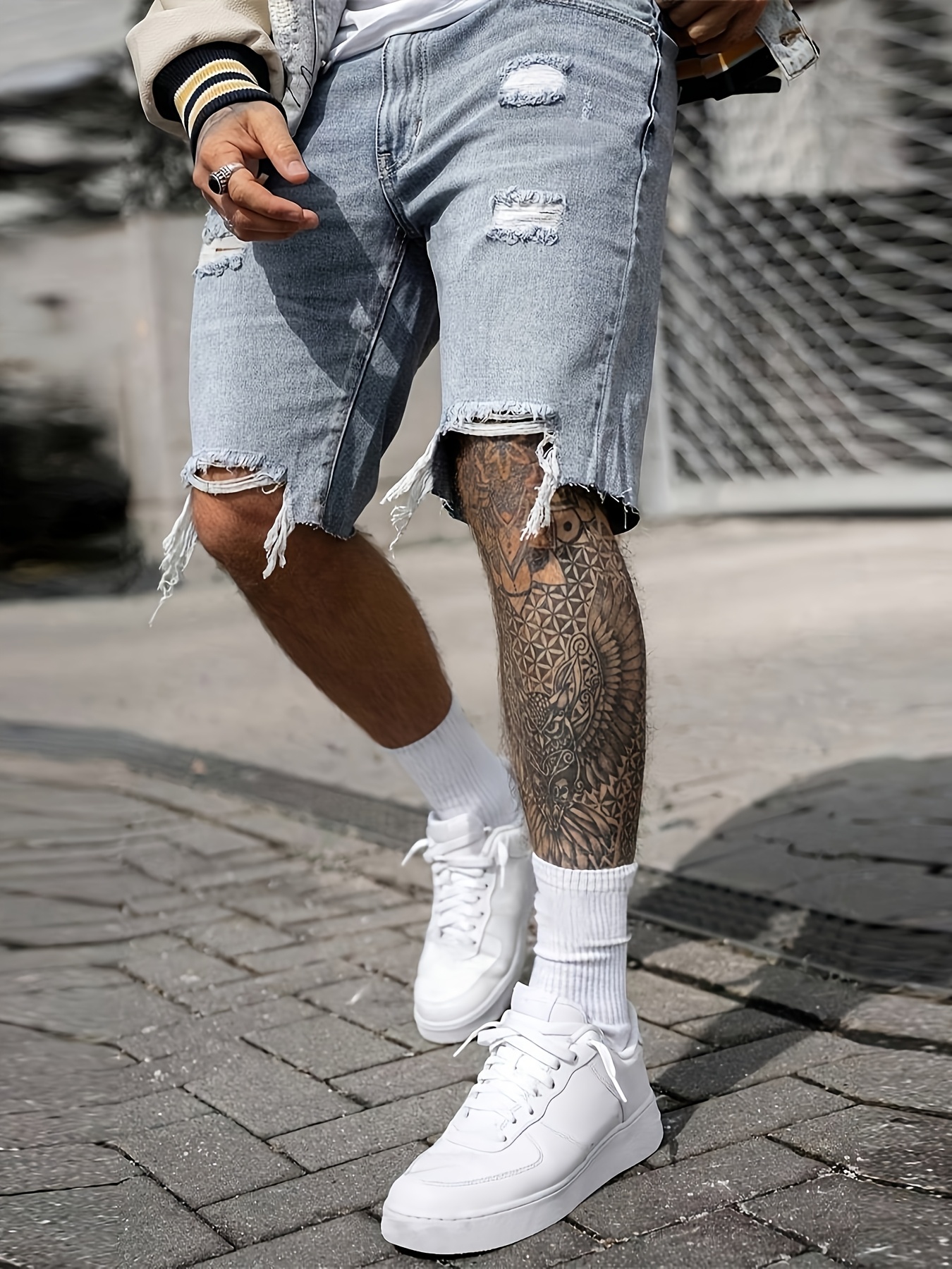 mens distressed jeans shorts non stretchy denim like casual Temu
