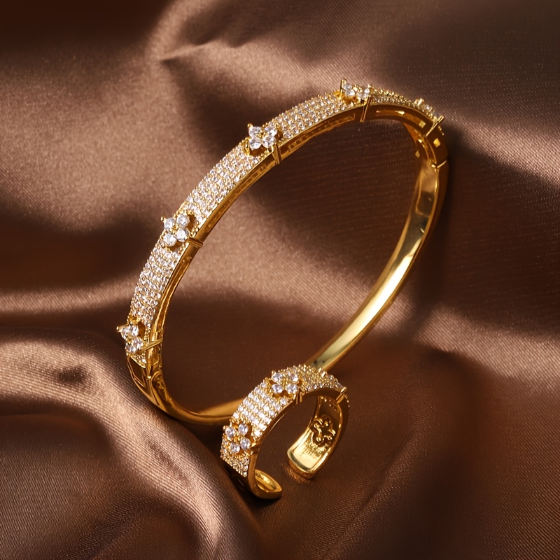 TEMU Elegant Clover Inlaid With Shiny Cubic Zirconia Bracelet Ring Set, Suitable For Daily Wear And Parties, Ideal Gift