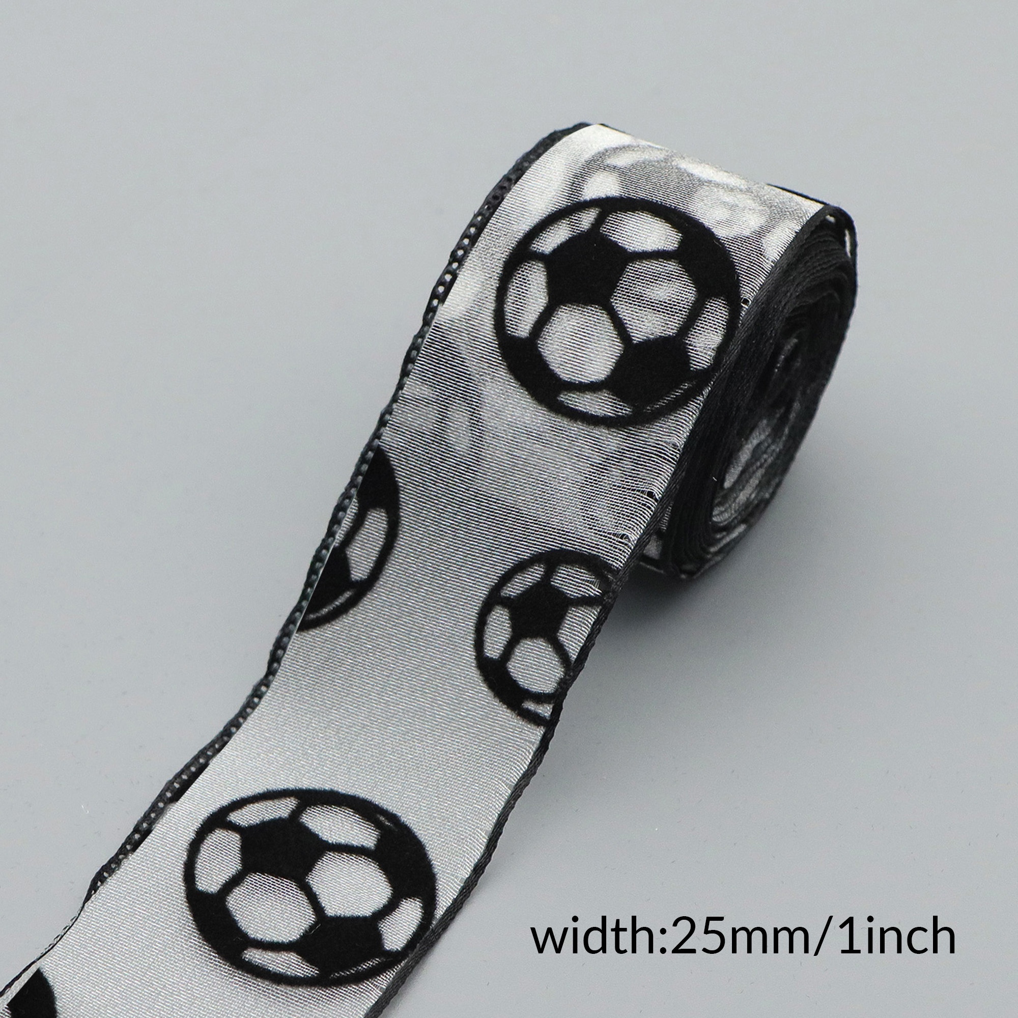 E-shop 5 Yards breites, 25 mm/38 mm/50 mm Fußball-motiviertes Organza-Band mit Druck für Kopfbedeckungen, Partydekorationen, festliche Veranstaltungen