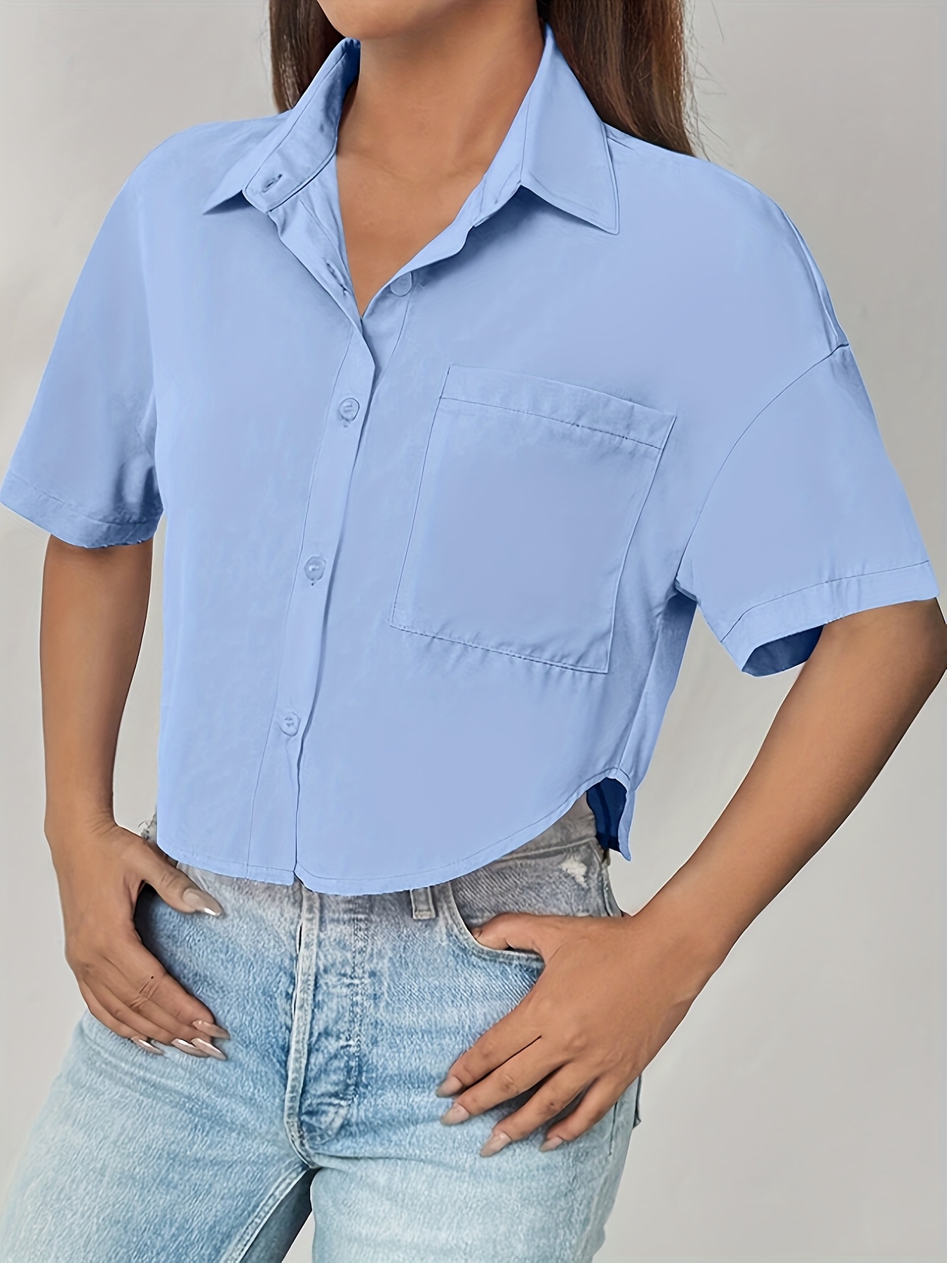 camisa manga corta botón color cuello corto Temu