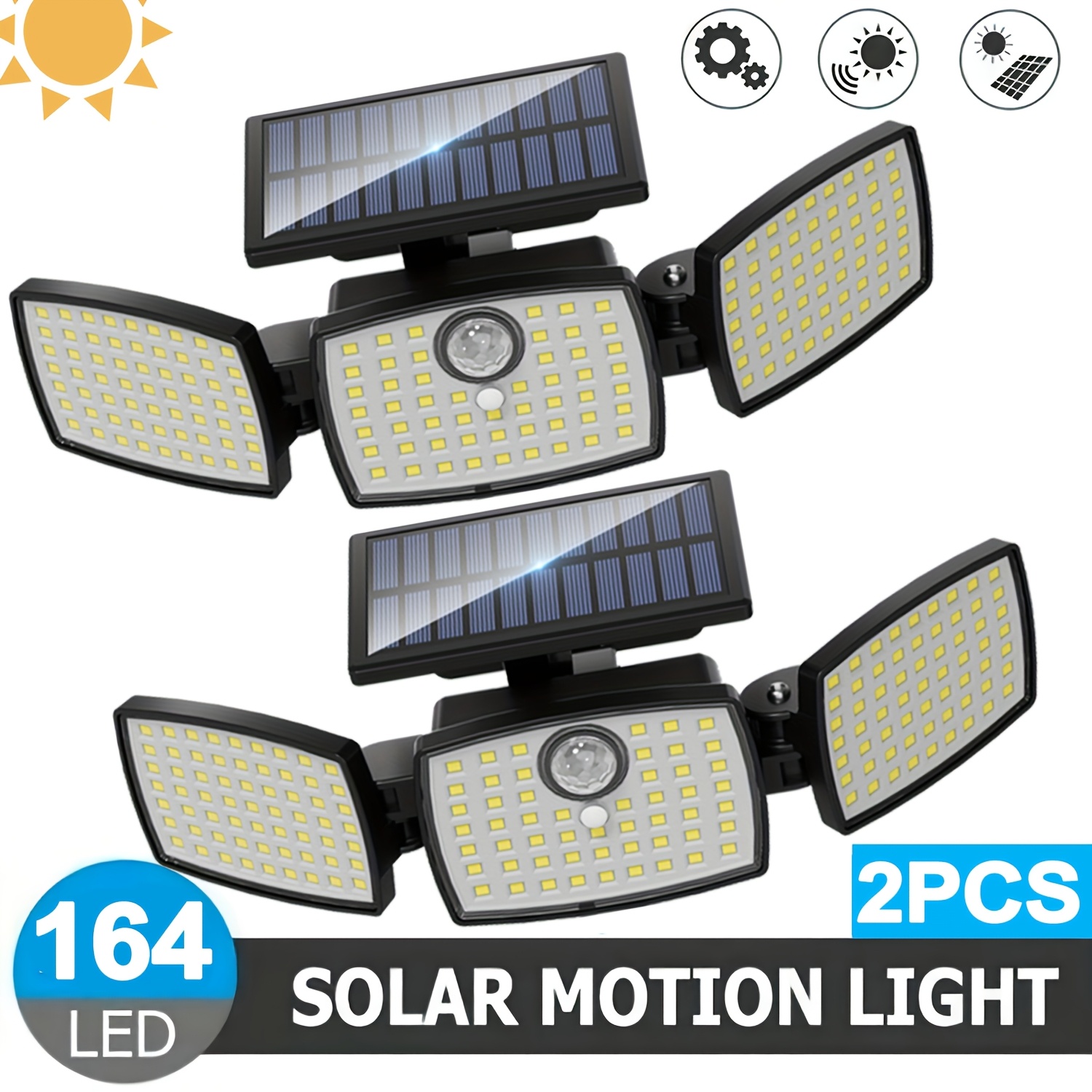 Image of Garden Solar Lights Outdoor, 3-head - 164 Led Solar Security Light, Ip65 Garden Decorations Outside Safety Wall Lamp, Solar Motion Sensor Light, 3 Floodlight For Patio, Garage, Pool, Fence, Camping