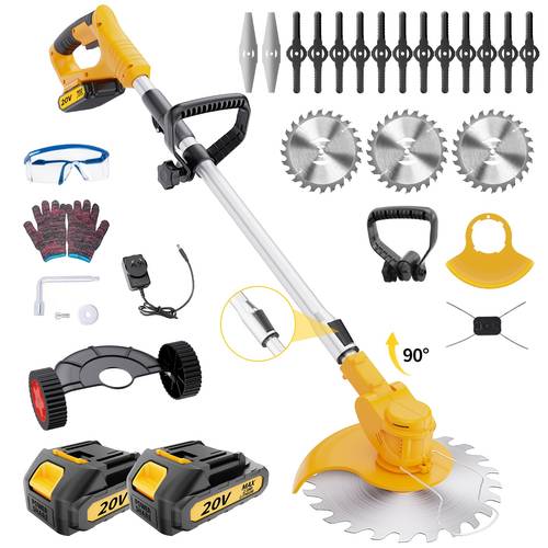 portable electric lawn mower grass trimmer and handheld mower for home use with four different blade types and two high capacity lithium ion batteries suitable for outdoor and patio use