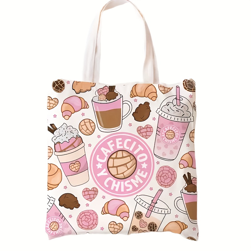 

1pc, Polyester Canvas Tote Bag With Coffee & Desserts Print, , Unlined Shoulder Bag With Fixed Straps, Foldable & Lightweight Large Capacity Bag For Daily Use