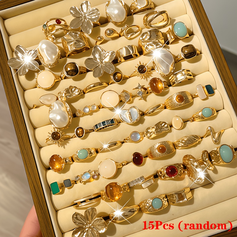 TEMU Juego de 15 anillos de con flores, estilos elegantes y lujosos, anillos abiertos ajustables para fiestas, y uso diario, accesorios para dedos,