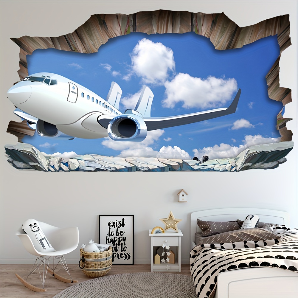 

Contemporary 3d Airplane Wall Sticker - Cartoon Plane Wall Decal With Glitter, Pvc Material, Glass Surface Compatible, Space Themed Irregular Shaped Self-adhesive For Living Room And Bedroom Decor