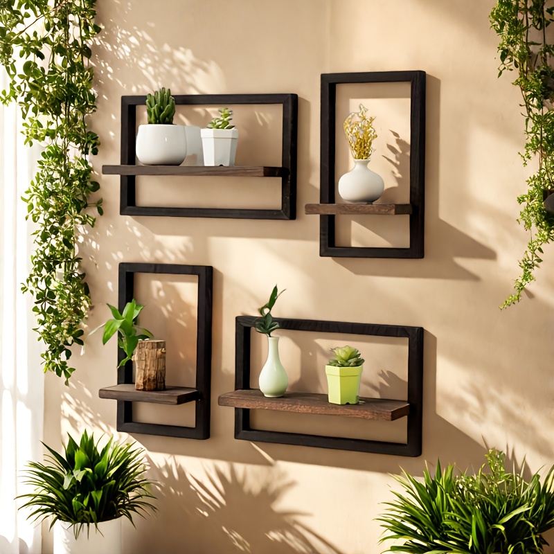 4pcs vintage wooden wall rack set black and   display racks with hooks suitable for photos candles flowers photo albums and potted plants   living room and office decoration wall mounted installation