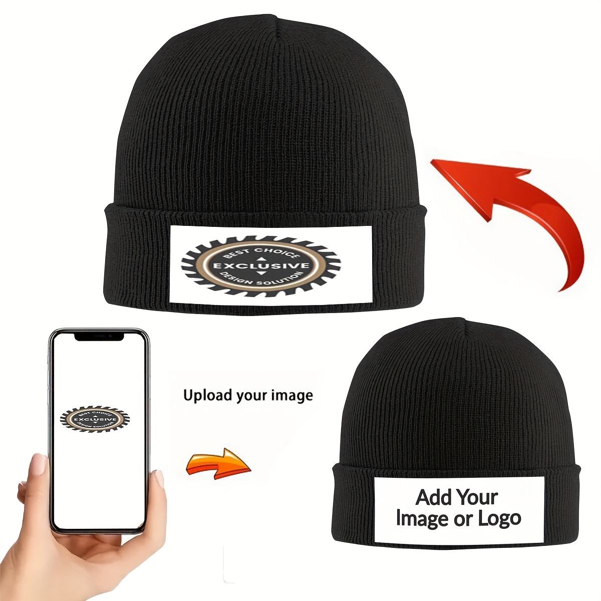 

1pc Custom Black Knitted Beanie, Polyester, Personalize With Your , Great For Winter Promotions, Team Gear, And Corporate Branding