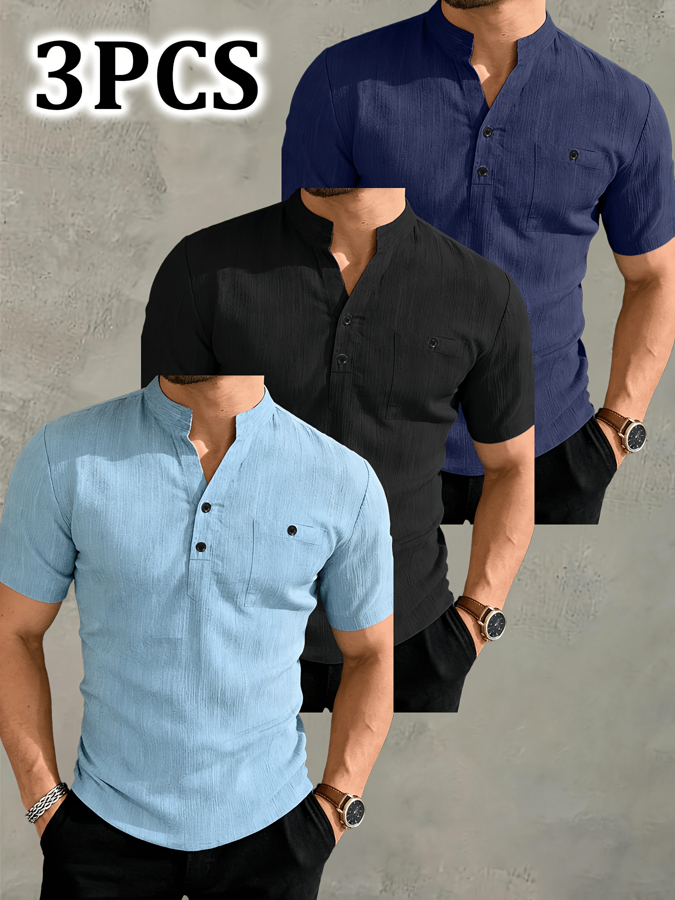 JOSHIMAY Obm 3pcs Set Men'S High Quality Summer Short Sleeve Henley Shirt T-Shirt Men'S Clothing Top, Suitable for Golf Outdoor Camping Fishing And Daily Casual Wear