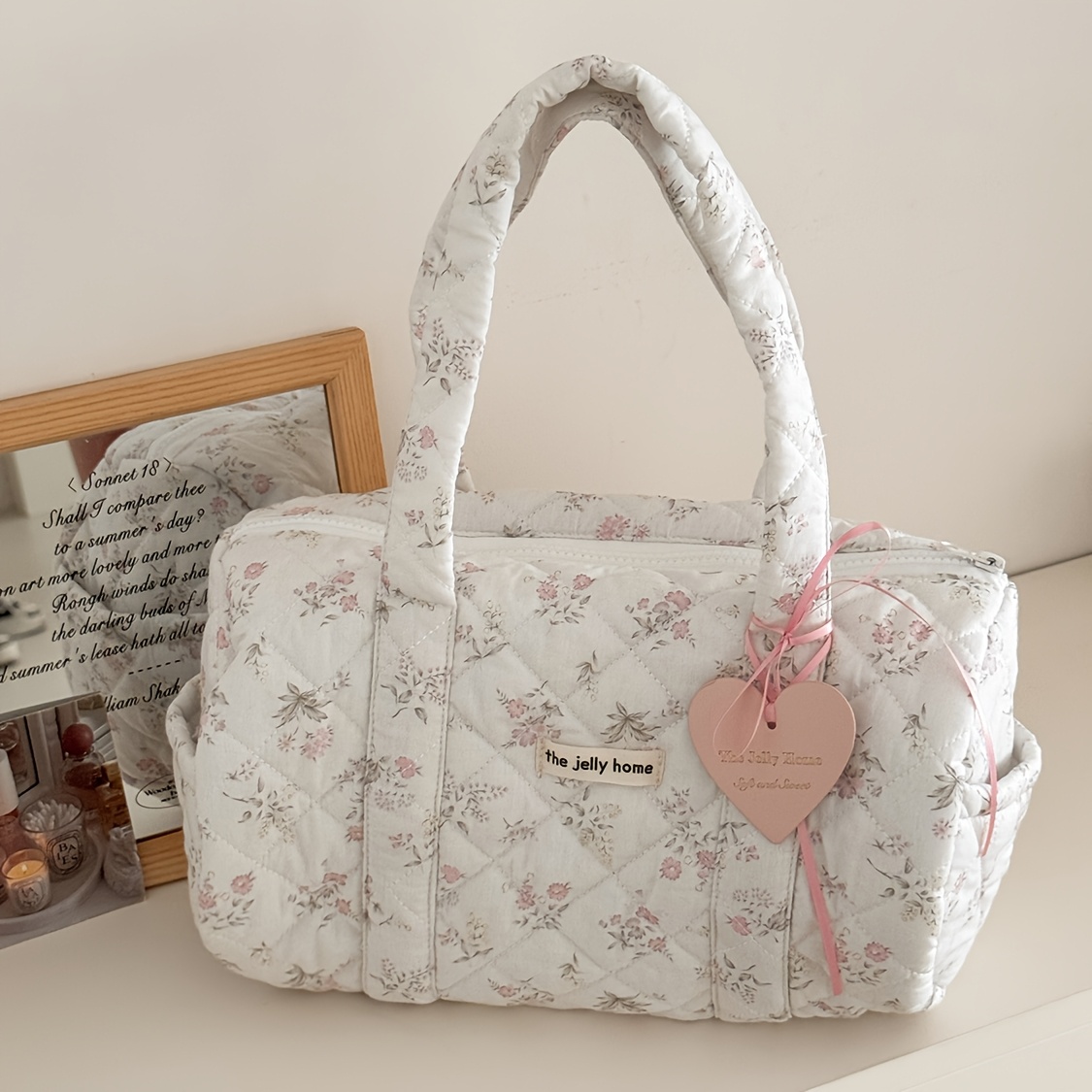 Image of Floral Cylindrical Women's Handheld Bag, Stylish Portable Floral Hand Bag For Daily , And Travel, Equipped With Bag Charm