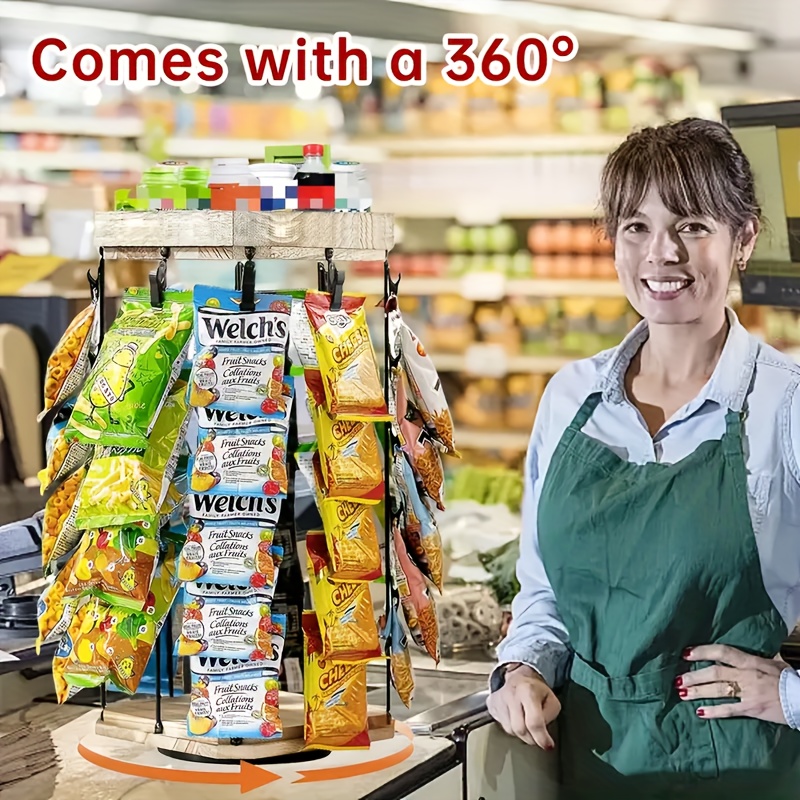 5-Tier Rotating Snack Organizer with Wooden Base – 360° Rotating Chip and Candy Display Rack for Concession Stands, Countertops, and Parties, Includes Information Display Labels, Parties Centerpiece | Decorative Display | Wooden Base Rack, Snack Display
