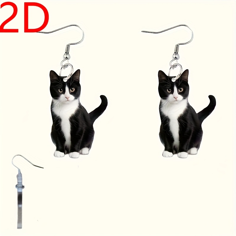 Image of 2d Flat Cute Exquisite Creative Humorous Cartoon Black And White Kitten Acrylic Lightweight Durable Pendant Women's Ear Jewelry, Exquisite Design Individual Fashion