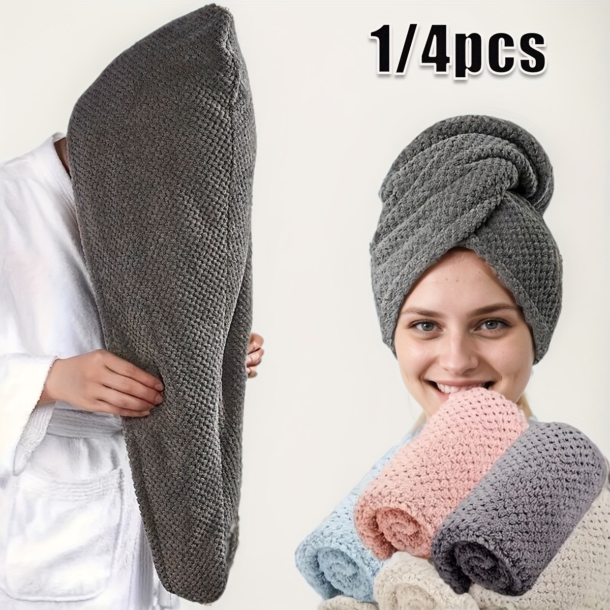 larawan ng item 1/4pcs Microfiber Hair Towel, 300GSM Malambot na Hair Drying Cap, Simpleng Solid Color na Hair Towel para sa Banyo, Super Absorbent na Hair Wrap Towel para sa Curls, -Frizz na Hair Turban para sa Basang Buhok, Mga Essential sa Banyo, Mga Accessory sa Banyo