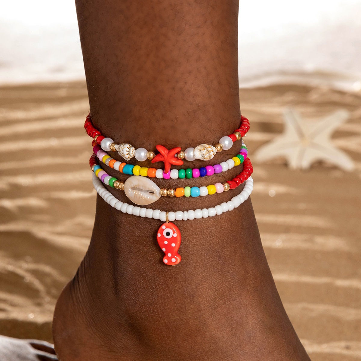 Beach Style Rice Bead and Shell Anklet Set for Women Dance Party
