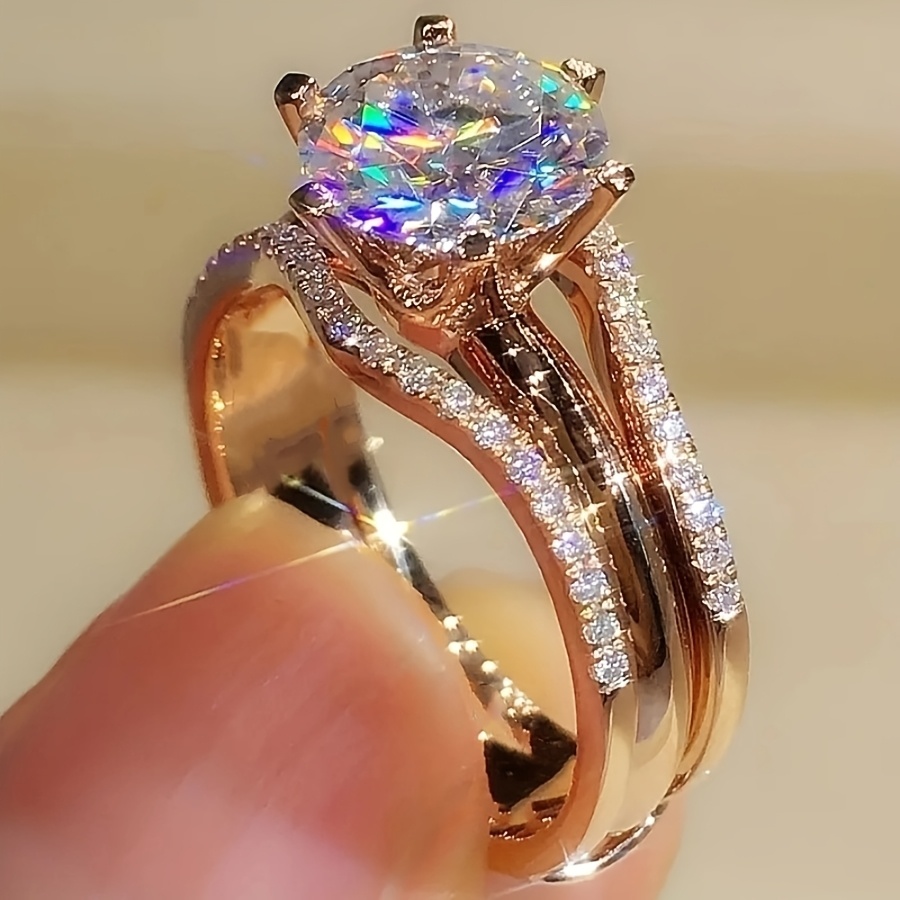 Image of Elegant Copper Ring With Sparkling Cubic Zirconia - Luxurious Bridal Engagement & Wedding Band, Perfect For Parties And Valentine's Day Gift