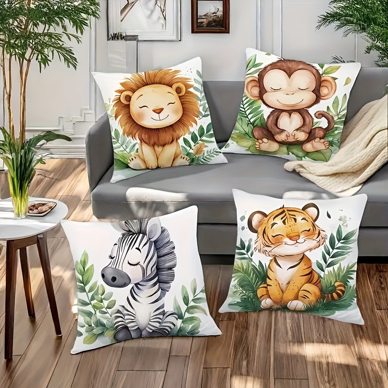 

Modern 4pcs Animal Pattern Cushion Covers Set - Tiger, Lion, Zebra Designs | Machine Washable With Zipper Closure | Polyester | 18x18 Inches | Living Room Decor (inserts Not Included)