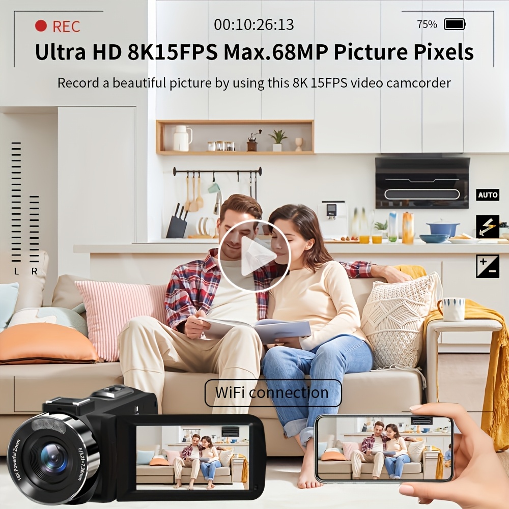 TUOGTCI 8K Camera Compatible for YouTube with 48MP/15FPS/7.62cm Touch Screen/18x Zoom/Night Vision/Fill Light/Microphone/Stabilizer/Remote Control & Battery - Vlogging Camera for Content Creation, Streaming, FPV (MP4 Recording)