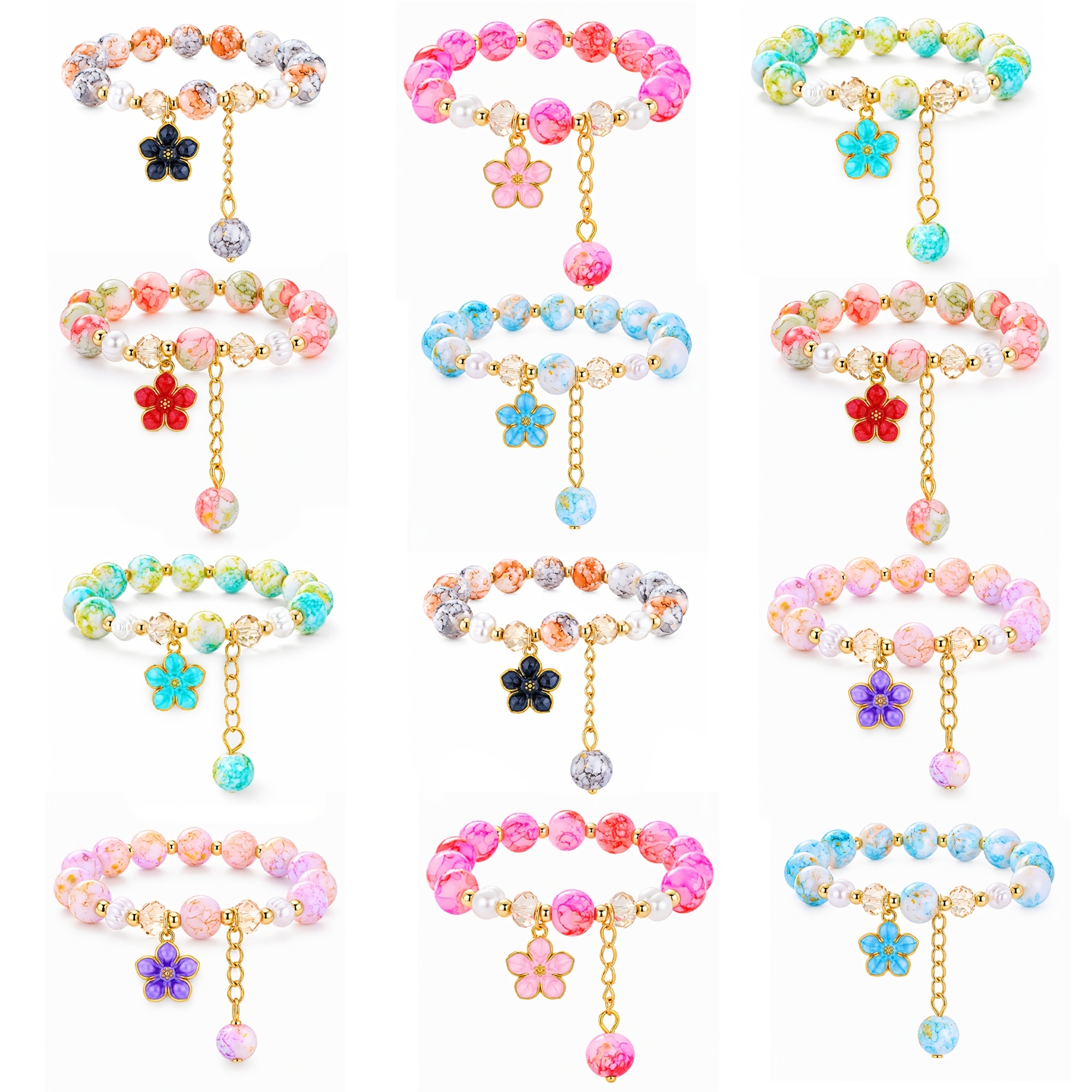 Image of 12 Colorful And Elastic Bracelet Made Of 10mm Glass Beads. Suitable For Women To Wear. As A Small Gift To Family , , , Daughters. The Bracelet Includes An Card.