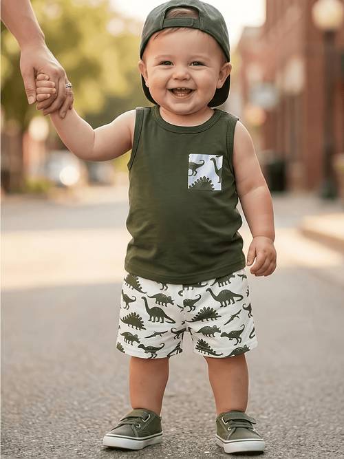 boys dinosaur print sleeveless vest shorts matching outfit sleeveless vest with shorts machine washable summer playwear for boys round neck matching suit for outdoor casual wear clothes outdoor