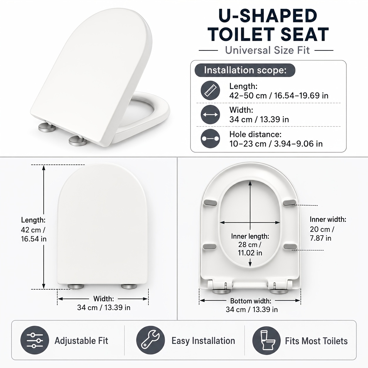 TEMU 1pc Toilet Lid & Tank Covers, U-shaped Toilet Seat Cover, Pp Toilet Seat, Quiet Close, Suitable For Household Toilets