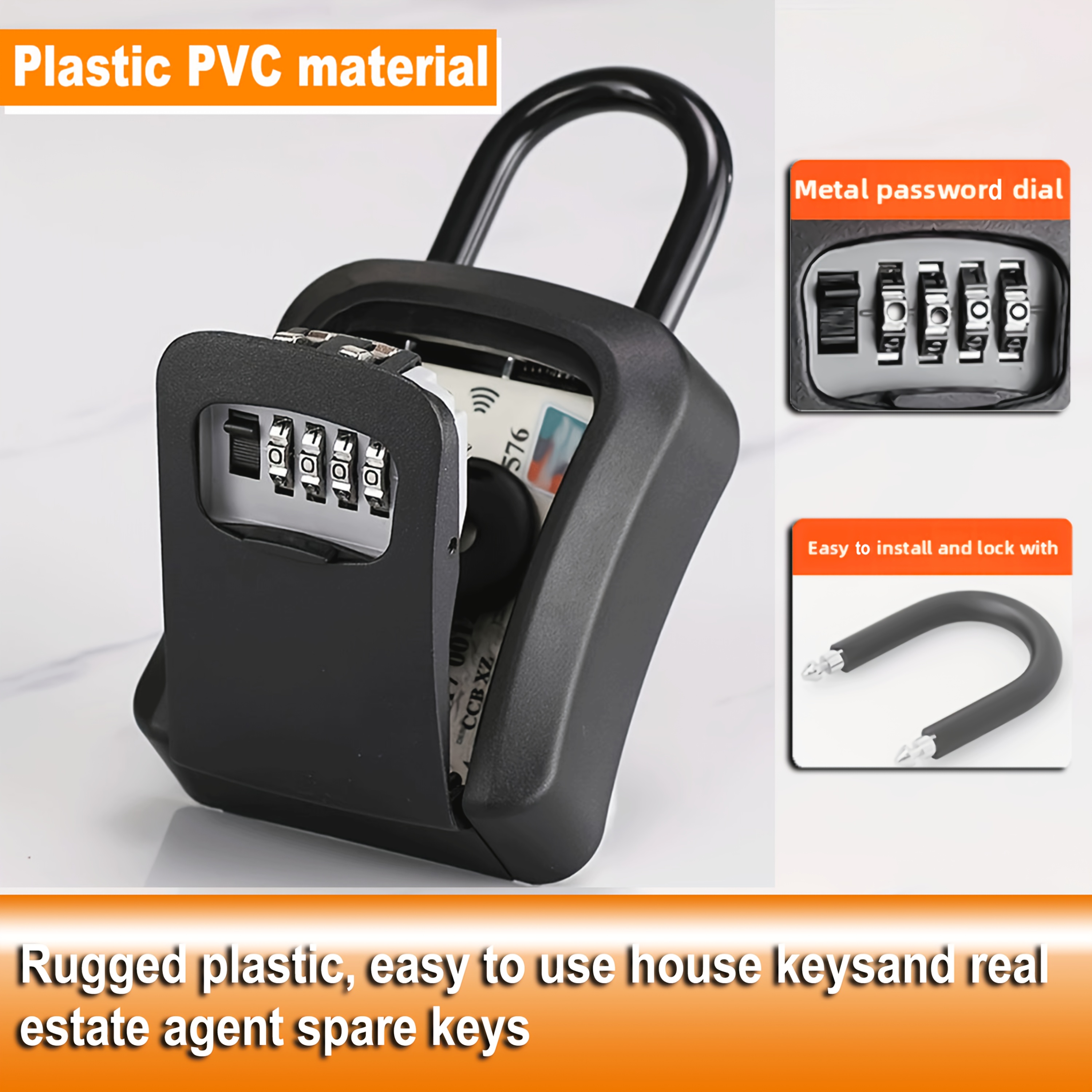 TEMU 1pc Portable 4-digit Combination Lock Box - Heavy-duty , Easy Wall Mount With Hook, Battery-free - Ideal For Home, Office, Real Estate Agents,
