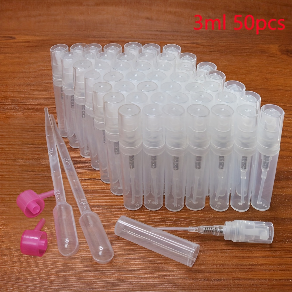Image of 50pcs 5ml Plastic Mini Transparent Plastic Spray Bottle, 3ml Perfume Dispensing Bottle, 2ml Spray Container, Portable Refillable Empty Perfume Atomizer, With 4 Dispensing Tools, Travel Essentials