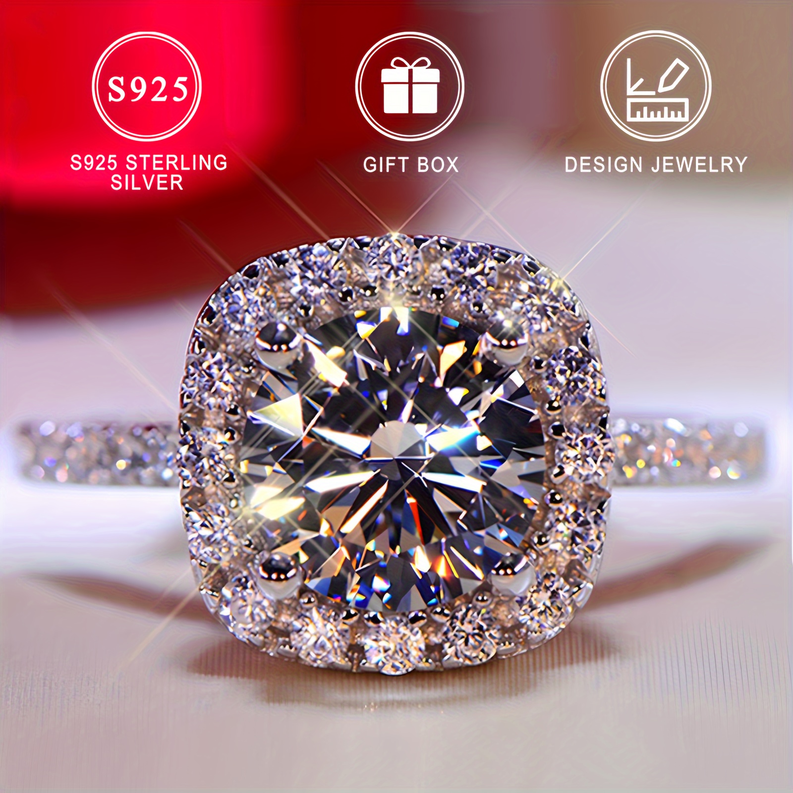 925 Silver CZ Engagement Ring, 4-Prong Setting, No Plating
