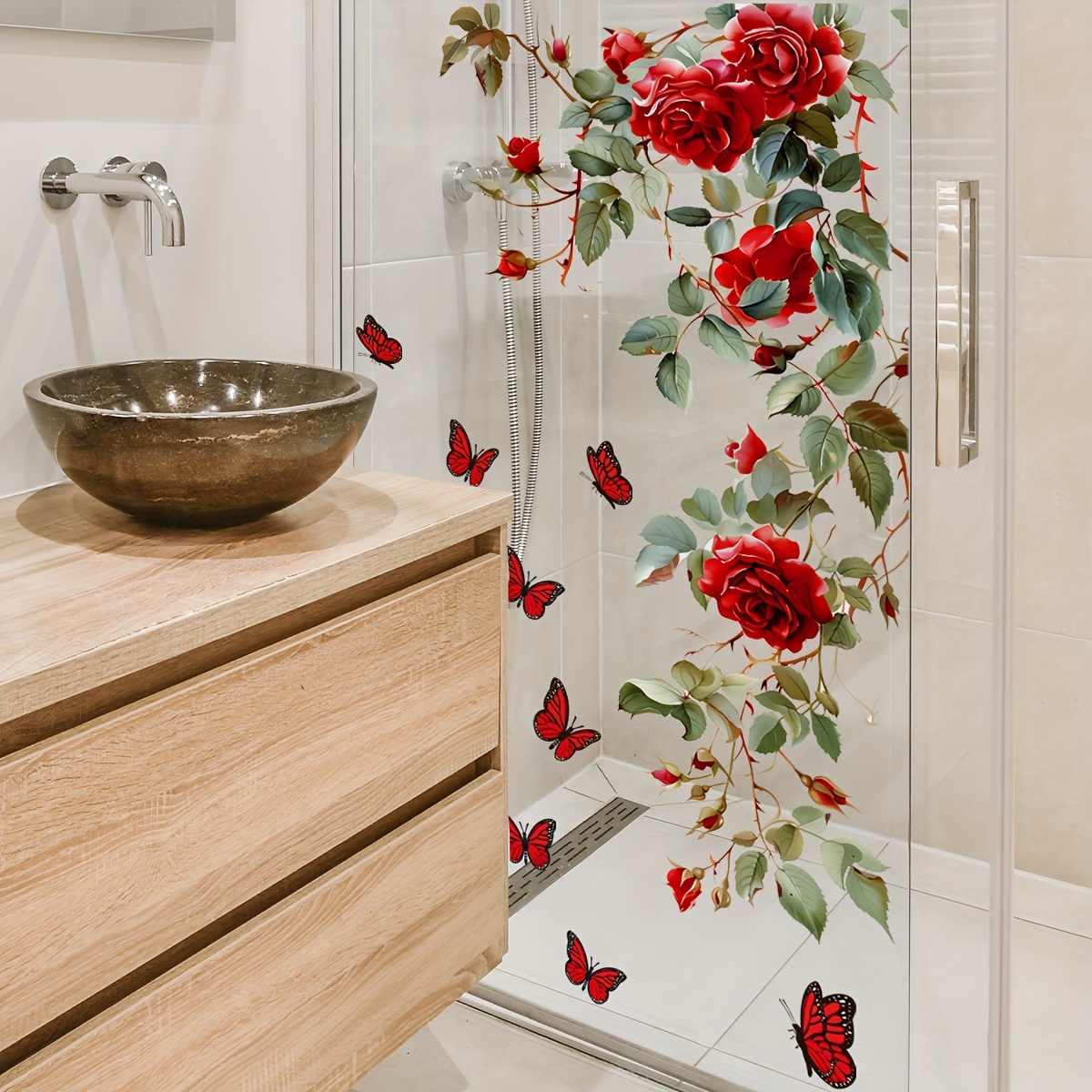 

Rose And Butterfly Glass Decals For Bathroom, Self-adhesive Pvc Toilet Lid Stickers, Floral Polyvinyl Chloride Clings For Plastic Surfaces With Double-sided Print – Single Use Decor Embellishments