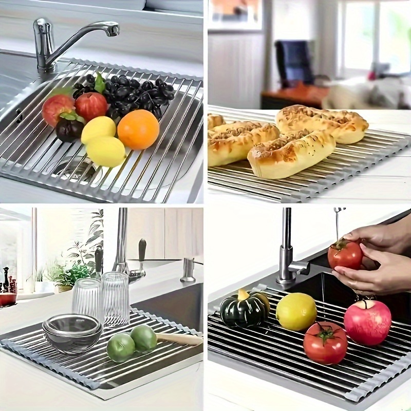 1pc stainless steel roll up dish drying rack foldable adjustable for kitchen sink   all sizes of dishes utensils drainage rack kitchen countertop details 0