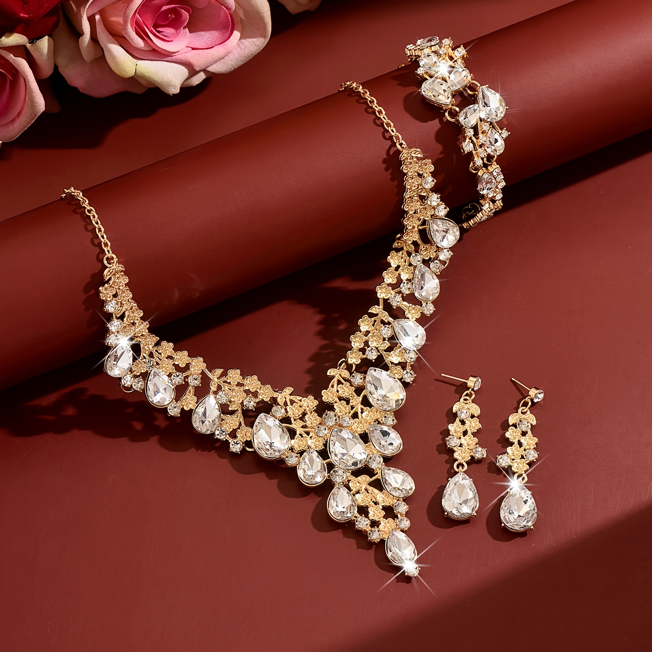 Women's Retro Luxurious Leaf-Shaped Rhinestone 3pcs Set