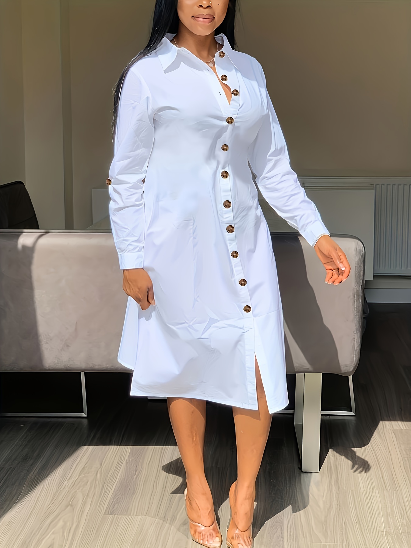 Plus Size Women'* Long Sleeve Shirt Dress - Button-Front Casual Elegant  Midi Dress with Classic Collar, Machine Washable Spring/Fall Tunic for  Office & Semi-Formal Occasions * Clothing, Long Sleeve ...