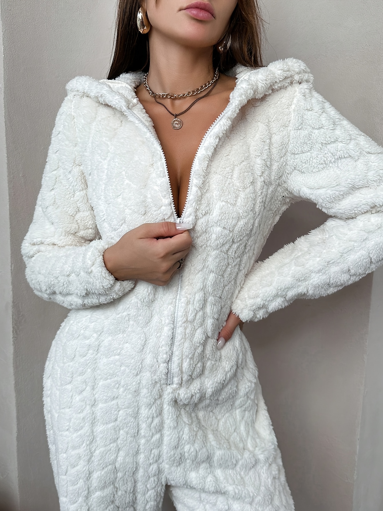 autumn and winter 1pc womens solid color jacquard plush hooded jumpsuit pajamas milky 1